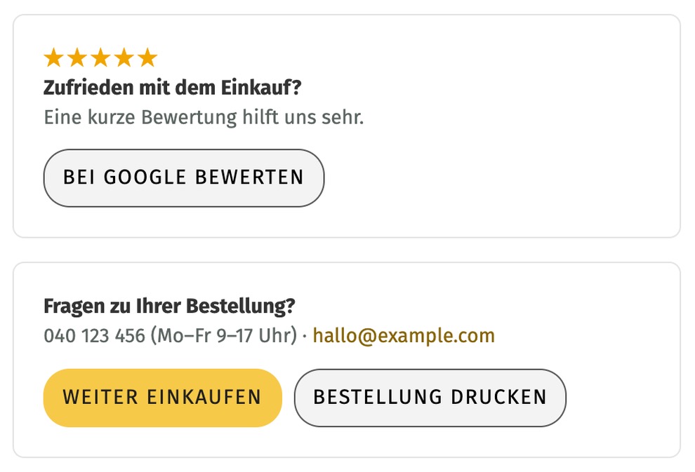 Bitte um eine Bewertung bei Google und darunter Hilfe mit Telefon und E-Mail