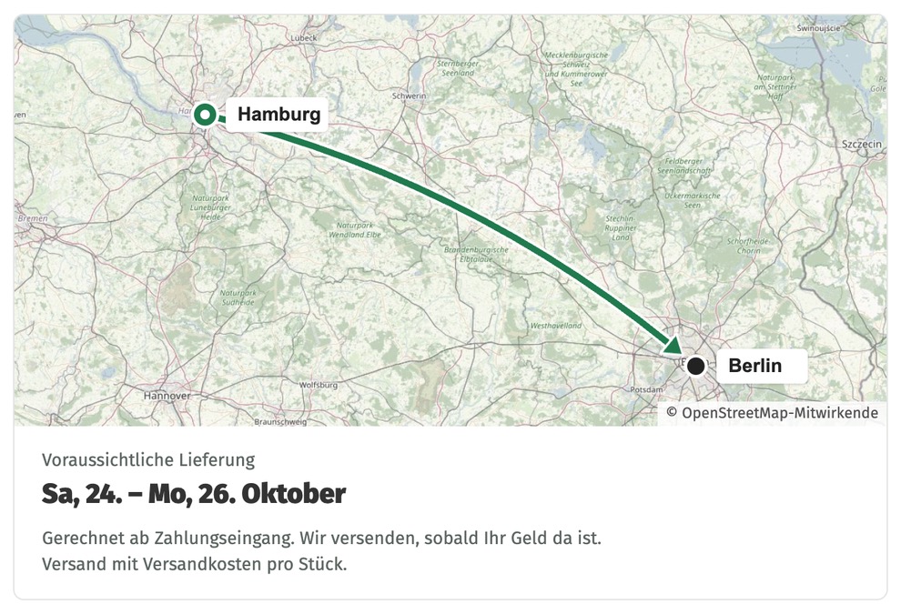 Lieferkarte von Hamburg nach Berlin und darunter der voraussichtliche Liefertermin
