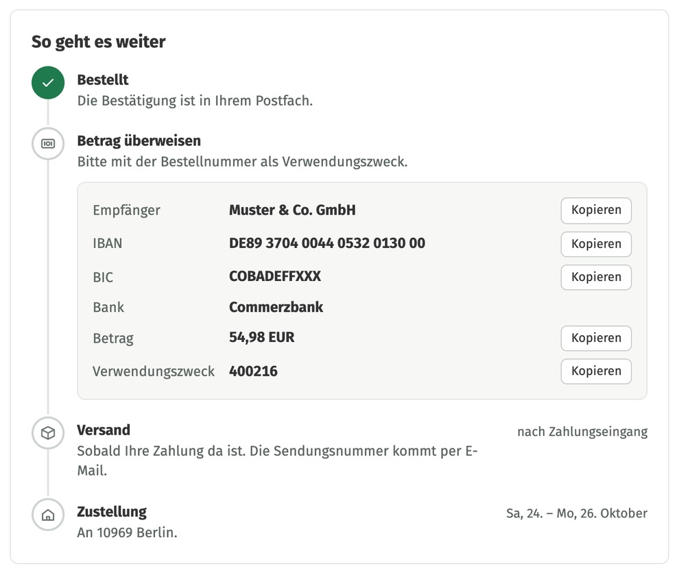 Zeitleiste So geht es weiter mit Bankdaten und Kopieren-Knöpfen bei Vorkasse