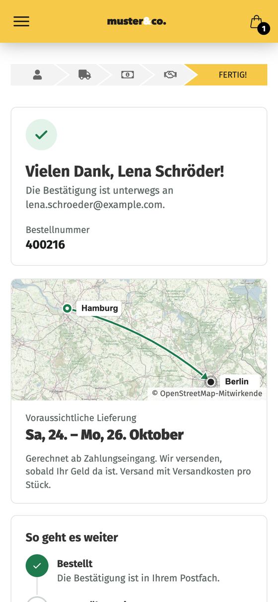 Bessere Bestellbestätigung am Handy: Dank an Lena Schröder, Lieferkarte, Liefertermin und nächste Schritte