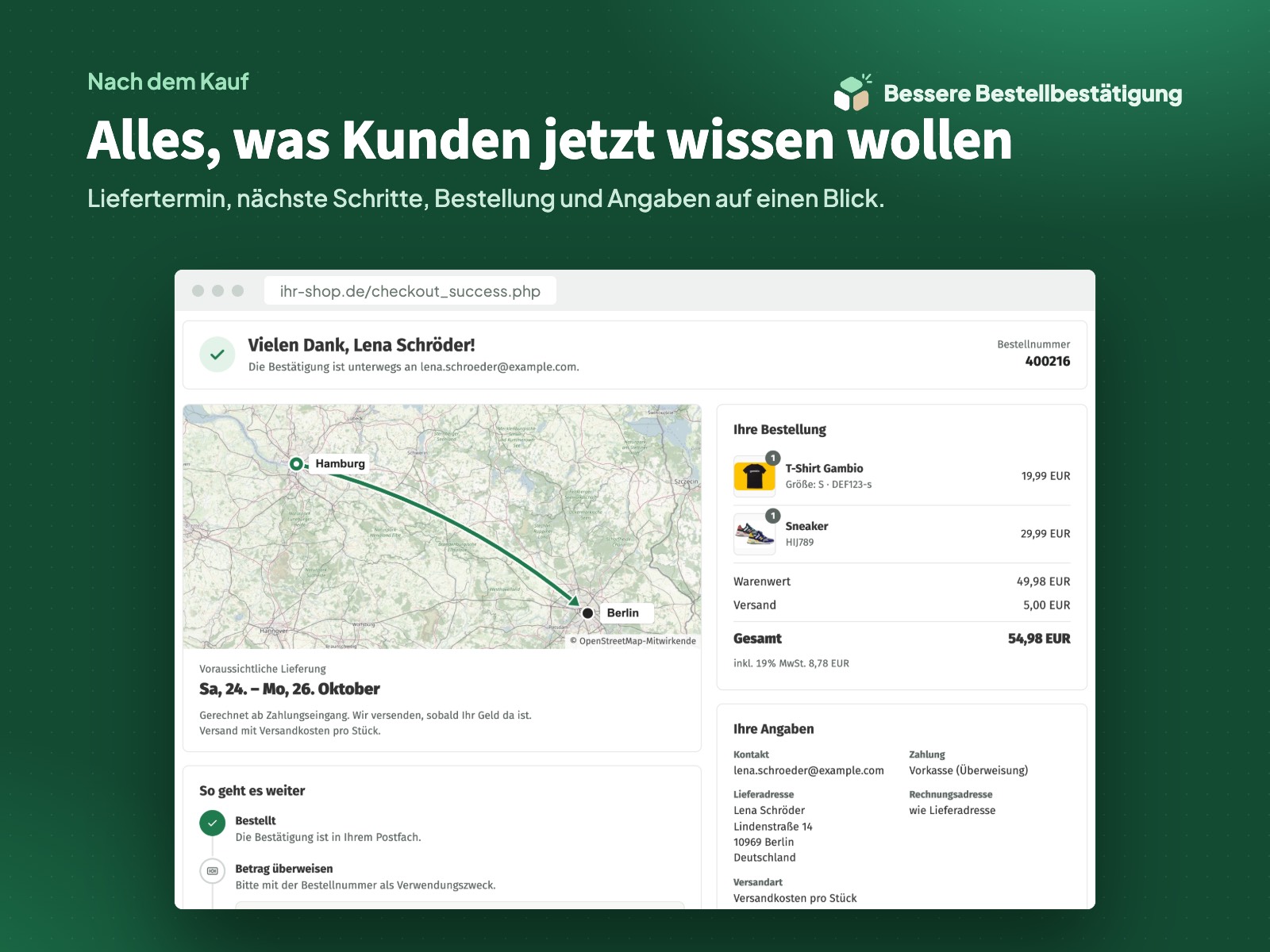 Bessere Bestellbestätigung: Dank, Lieferkarte, voraussichtlicher Liefertermin, nächste Schritte und Bestellübersicht auf der Seite nach dem Kauf