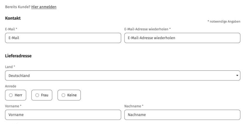 Erster Schritt der Kasse: Kontakt und Lieferadresse direkt, ohne Anmeldeseite