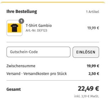 Bestellübersicht mit Artikel, Gutscheinfeld, Versand und Gesamtsumme