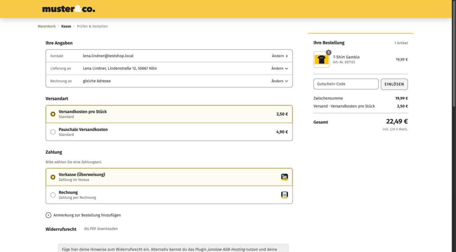 Besserer Checkout in einem Gambio-Demo-Shop: Angaben, Versandart und Zahlung auf einer Seite, rechts die Bestellübersicht
